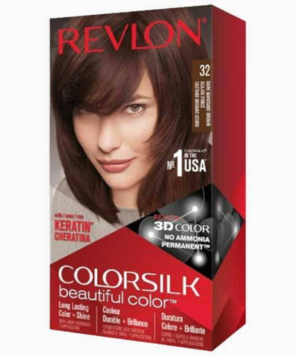 Revlon Colorsilk Beautiful Color permanent hair dye in shade 32 Dark Mahogany Brown, showing the hair color bottle and packaging.