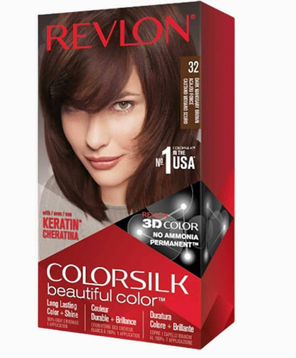 Revlon Colorsilk Beautiful Color permanent hair dye in shade 32 Dark Mahogany Brown, showing the hair color and packaging.