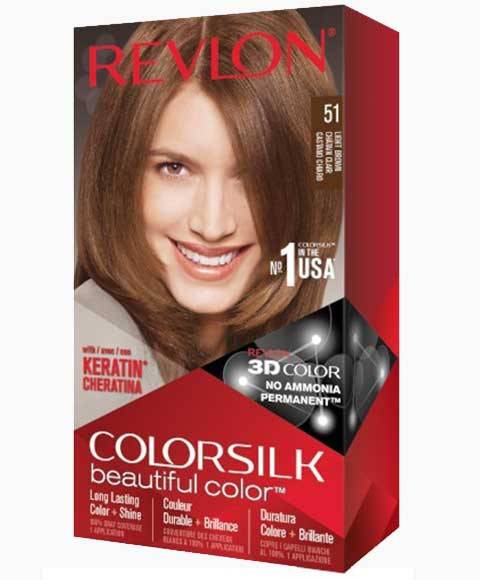 Revlon Colorsilk Beautiful Color permanent hair dye in shade 51 Light Brown, showing the hair color and packaging.