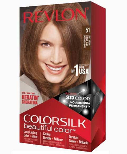 Revlon Colorsilk Beautiful Color permanent hair dye in shade 51 Light Brown, showing the hair color and packaging.