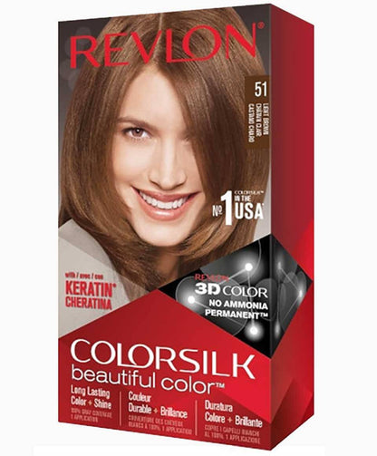 Revlon Colorsilk Beautiful Color Permanent Hair Color 51 Light Brown showing vibrant hair dyed in light brown shade.