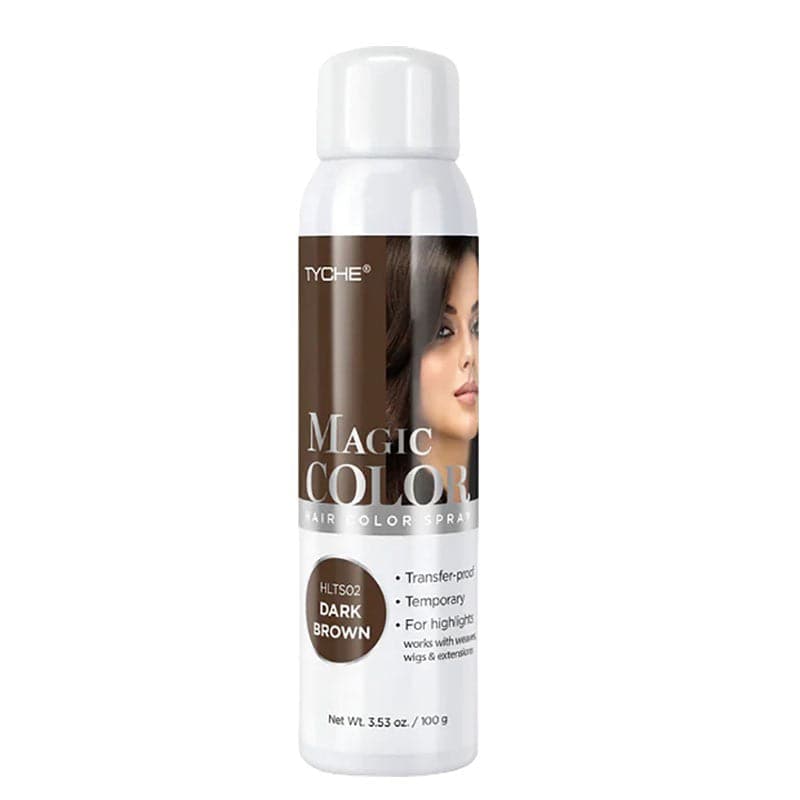NICKA K NEWYORK Tyche Magic Color Hair Color Spray in dark brown, showing a woman applying vibrant hair color to her hair.