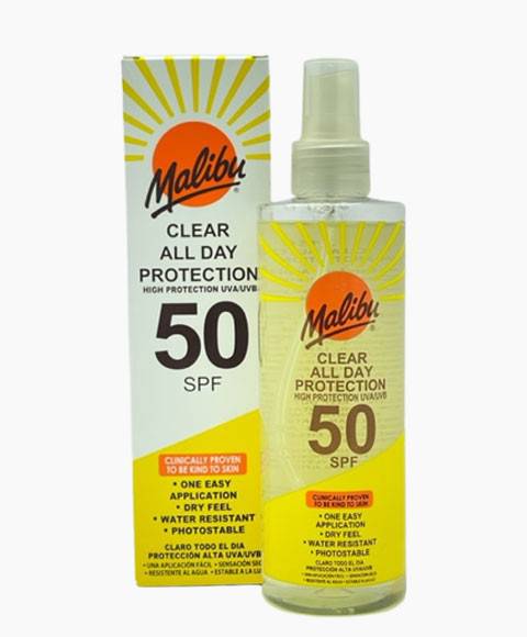 Malibu Clear Protect Spray SPF50 for sun protection and tanning, with transparent spray bottle and UV protection label.