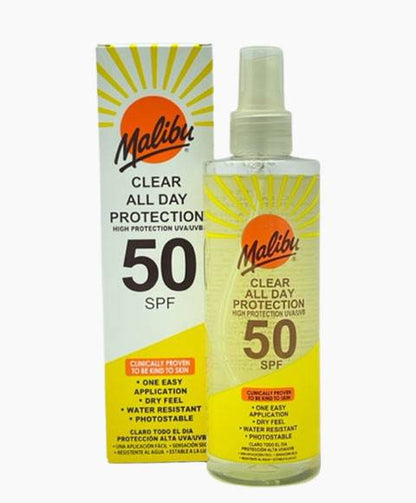 Malibu Clear Protect Spray SPF50 for sun protection and tanning, with transparent spray bottle and UV protection label.