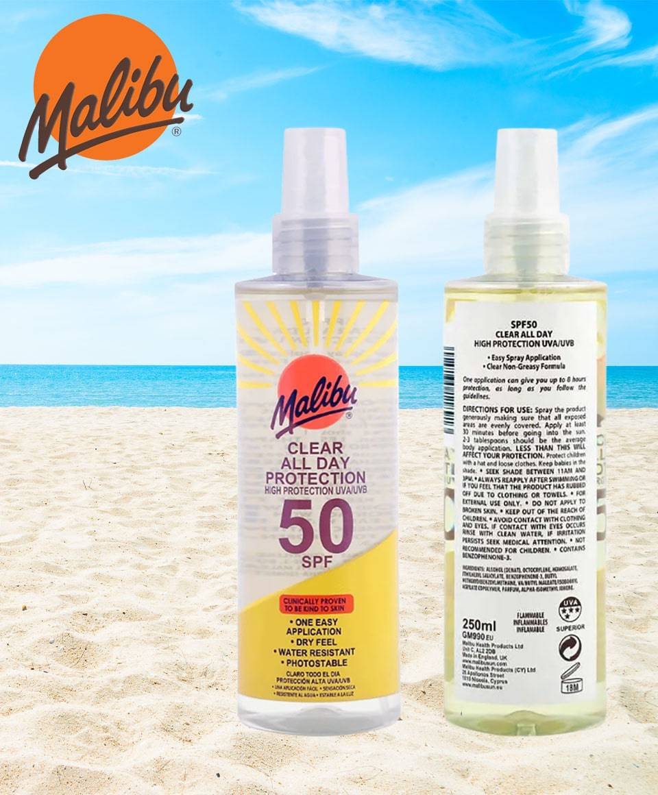 Malibu Clear Protect Spray SPF50 for sun protection and tanning, featuring a transparent spray bottle with UV protection formula.