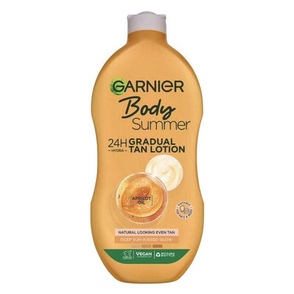 Garnier Summer Body moisturizing lotion with deep sun-kissed glow, featuring a smooth, hydrated skin finish.