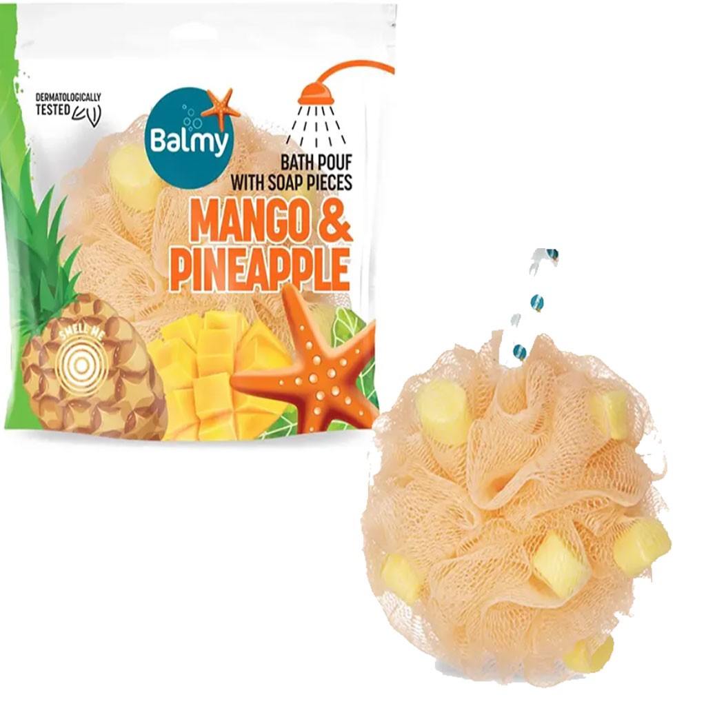 Balmy Naturel Bath Pouf With Mango And Pineapple Soap Pieces