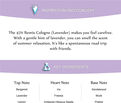 House Of 4711 Remix Lavender Cologne Eau De Cologne for Him, featuring a sleek bottle with lavender scent accents.