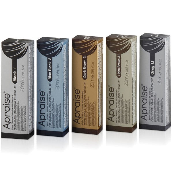 Apraise professional eyelash and eyebrow tint kit with eye makeup products, featuring tinted eyelashes and eyebrows in natural shades.