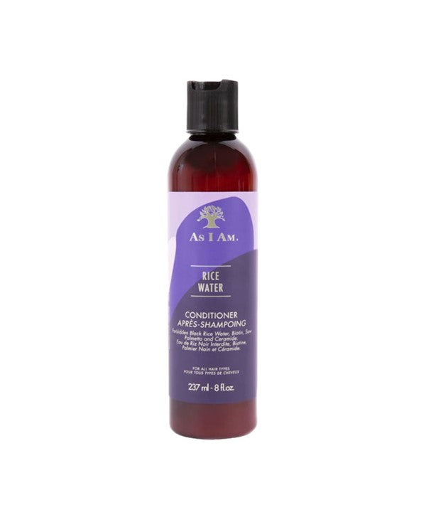 Bottle of as I am Rice Water Conditioner with white label and pump dispenser, designed for nourishing hair care.