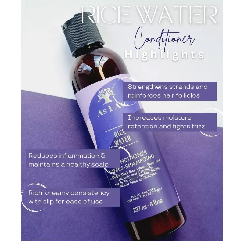 Cream-colored bottle of as I am Rice Water Conditioner with white pump dispenser, displayed against a neutral background.