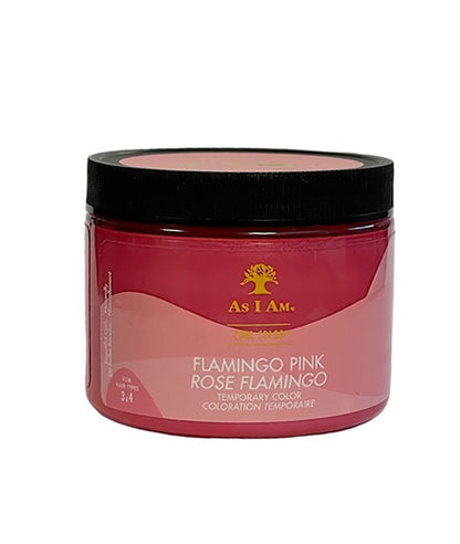 Bright flamingo pink temporary curl hair color by as I am, showcasing vibrant, curly hair with bold pink highlights.