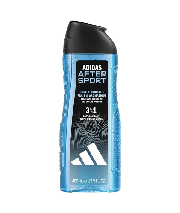 Adidas After Sport 3-in-1 shower gel bottle, designed for bath and shower use, featuring sporty branding and a sleek container.