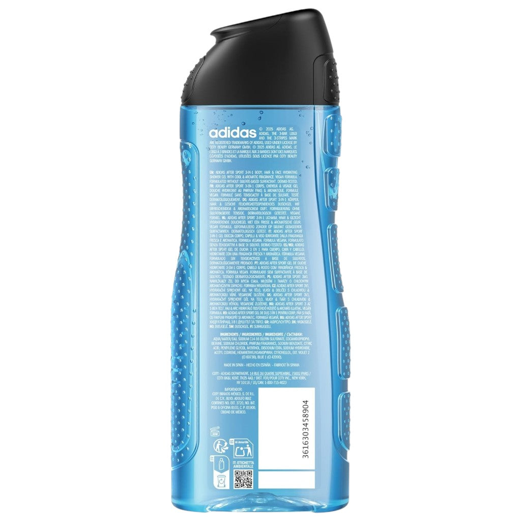 Adidas After Sport 3-in-1 shower gel bottle, bath and shower product with sports-inspired packaging and label.