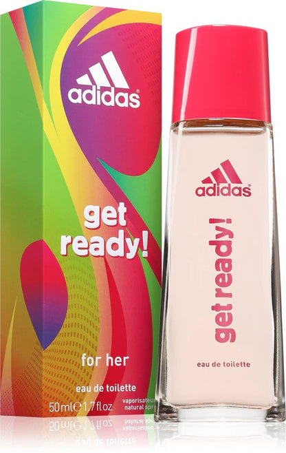 Adidas Get Ready Eau De Toilette for Her in a 50ml bottle, featuring a sleek design and feminine fragrance.