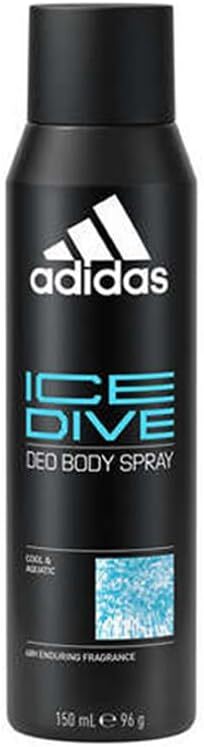 Adidas Ice Dive Deo Body Spray in 150ml bottle, featuring a sleek design and fresh, invigorating scent for body care.