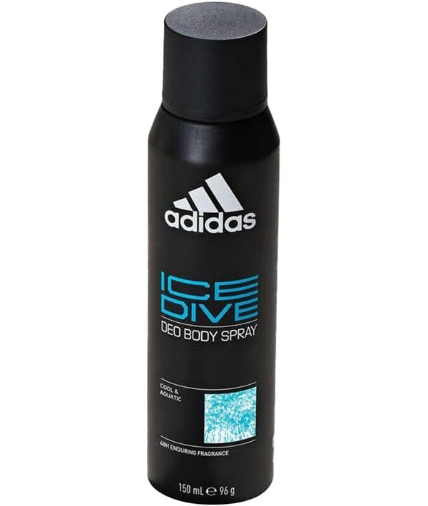 Adidas Ice Dive Deo Body Spray in 150ml bottle, featuring fresh and invigorating body care scent with a sleek design.