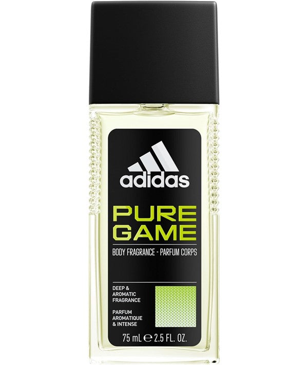 Adidas Pure Game body fragrance for men in a 75ml bottle, featuring sleek packaging and the Adidas logo.