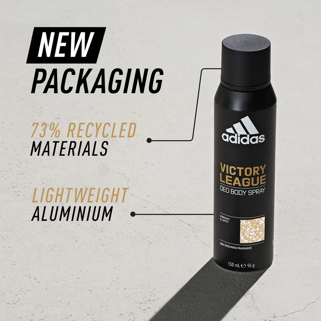 Adidas Victory League Deo Body Spray bottle for men, with a sleek design and label, showcasing the body care product.