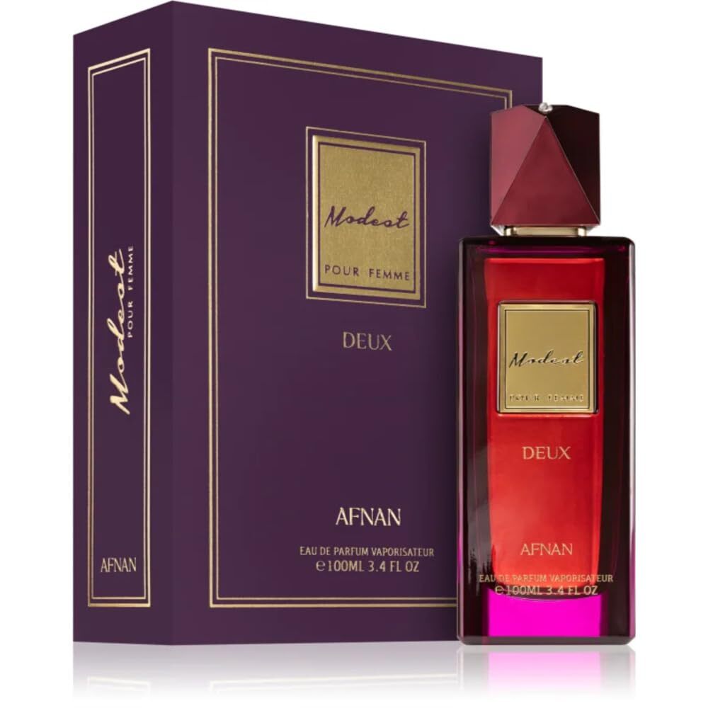Afnan Modest Pour Femme Deux Eau De Parfum bottle for women with elegant floral and fruity fragrance details.