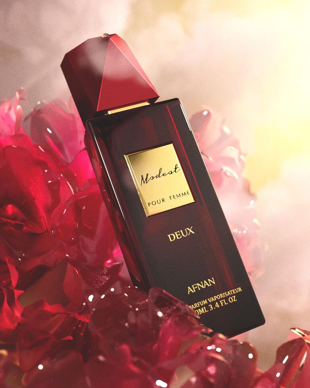A bottle of AFNAN Modest Pour Femme Deux Eau De Parfum for women with elegant floral and citrus fragrances, displayed on a neutral background.