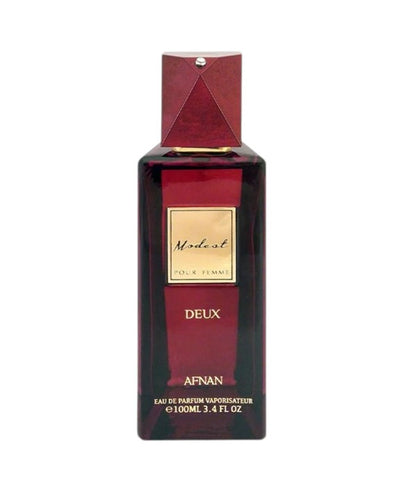 Afnan Modest Pour Femme Deux Eau De Parfum bottle with elegant packaging, designed for women seeking a sophisticated fragrance.