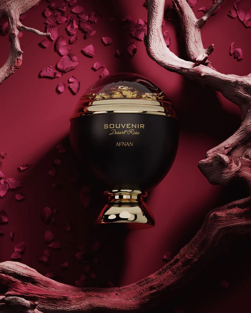 AFNAN Souvenir Desert Rose Eau De Parfume for Him, showcasing the elegant bottle design and floral-woody fragrance.