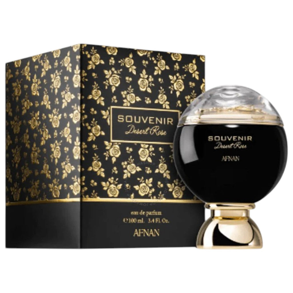 AFNAN Souvenir Desert Rose Eau De Parfume for Him, featuring a sleek bottle design with a desert rose scent.