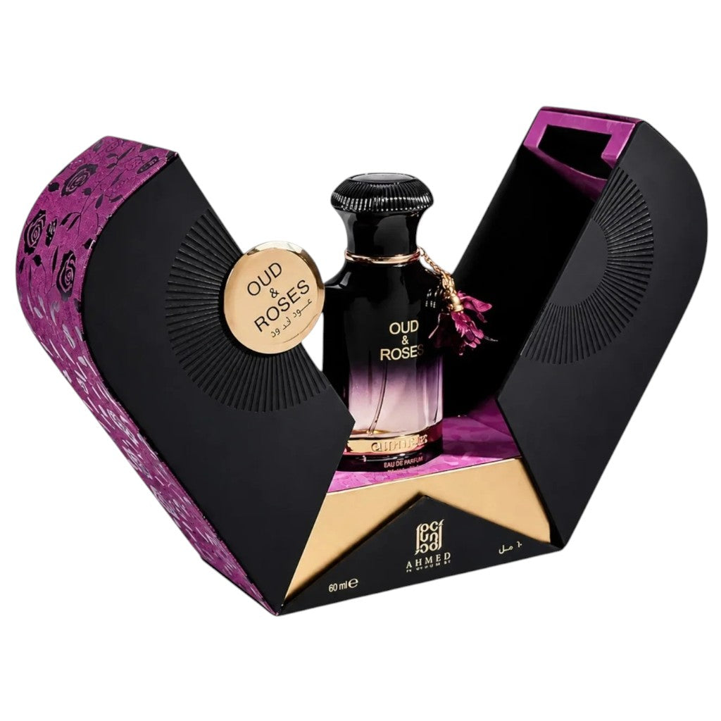 Ahmed Oud and Roses Extrait De Parfum for Him, elegant glass bottle with floral and woody fragrance notes.