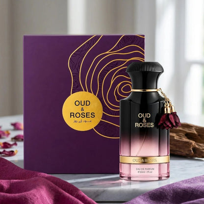 Ahmed Oud and Roses Extrait De Parfum for Him featuring a sleek bottle with floral and woody notes, elegant and sophisticated.