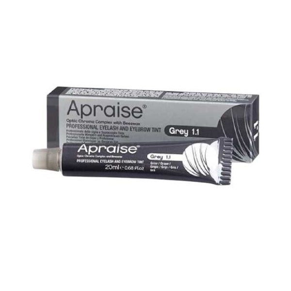 Apraise Professional Eyelash and Eyebrow Tint in 1.1 Grey, showcasing the product packaging and color consistency.
