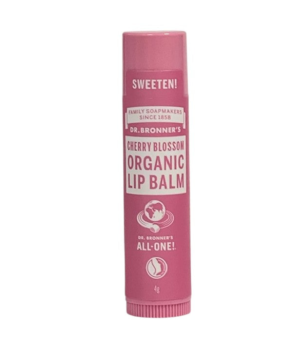 Dr Bronners All One Cherry Blossom organic lip balm in a small tube, featuring cherry blossom scent and natural lip care ingredients.