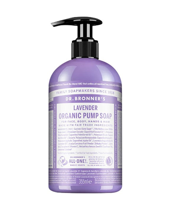 Dr Bronners All One Lavender Organic Pump Soap for bath and shower, in a clear pump bottle with lavender label and natural ingredients.