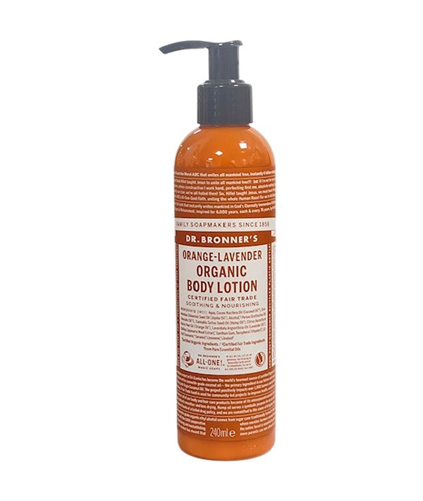 Dr Bronners All One Orange Lavender organic body lotion bottle with orange and lavender scent, part of Dr Bronners body care line.