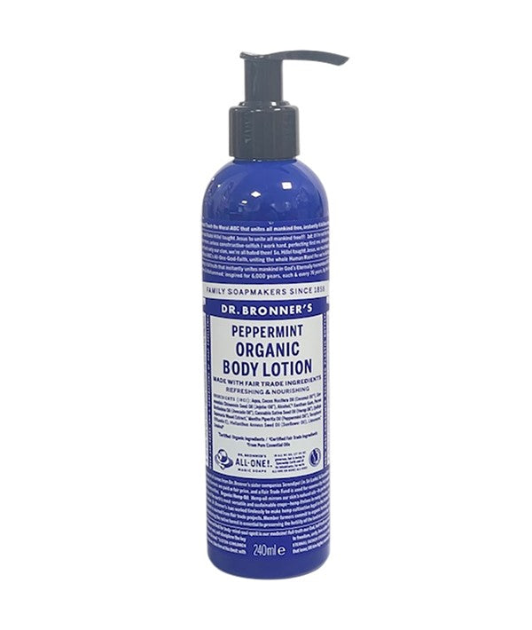Dr Bronners Peppermint Organic Body Lotion bottle from the body care line, with fresh peppermint scent and natural ingredients.