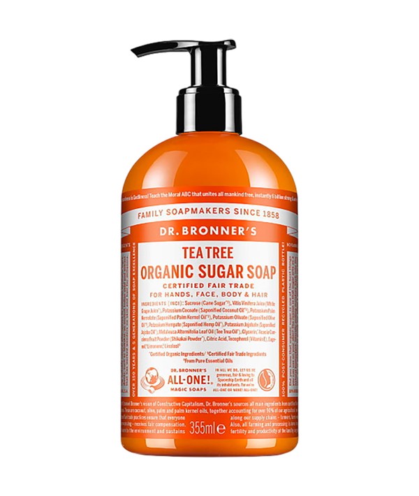 Dr Bronners All One Tea Tree Organic Pump Soap for bath and shower, featuring a pump dispenser and natural tea tree scent.