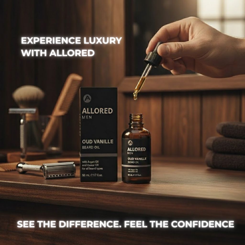 Allored Beauty Allored Men OUD Vanille beard oil bottle, natural grooming product for beard care and hydration.