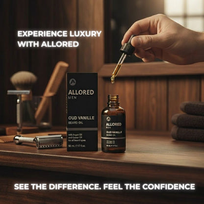 Allored Beauty Allored Men OUD Vanille beard oil bottle, natural grooming product for beard care and hydration.