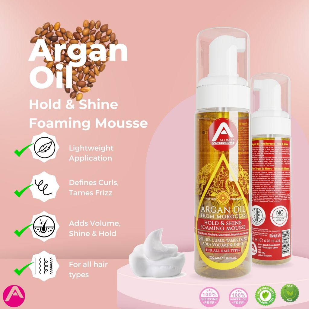 Allored Beauty Argan Oil Hold and Shine Foaming Mousse for hair styling, with a foamy texture and nourishing Moroccan argan oil.