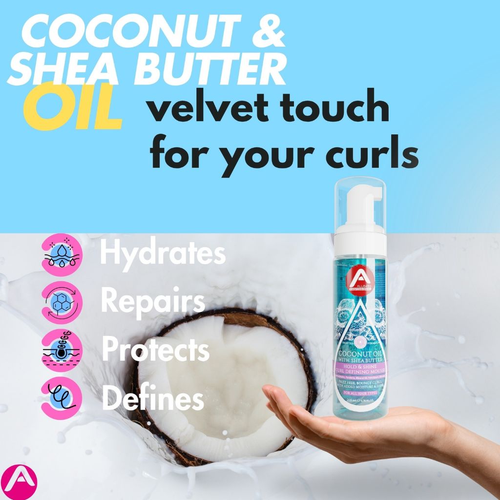 Allored Beauty coconut oil with shea butter curl defining mousse for hold and shine, styled in a hair product container.