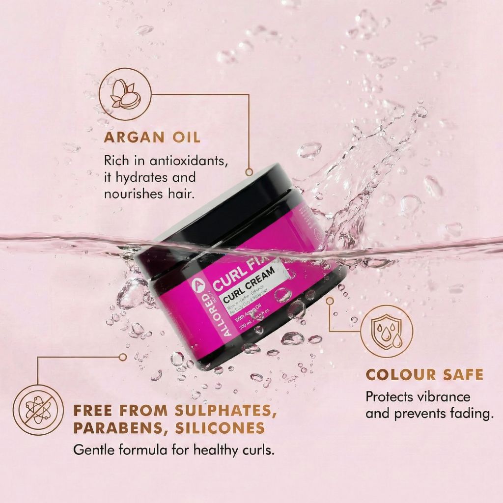 Allored Beauty Curl Fix Curl Cream with Argan Oil for defining and moisturizing curly hair, shown in a squeeze bottle.