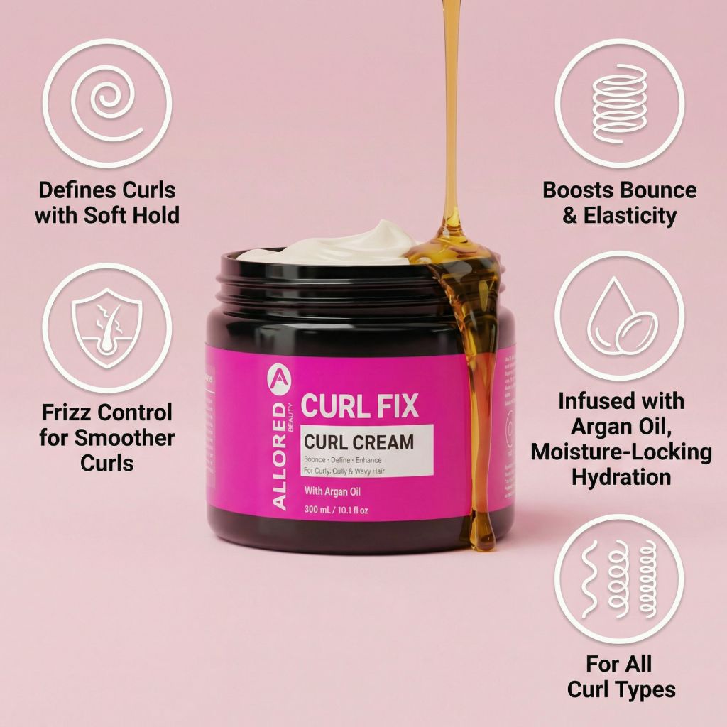 Allored Beauty Curl Fix Curl Cream with Argan Oil in a jar, designed for defining and moisturizing curly hair.