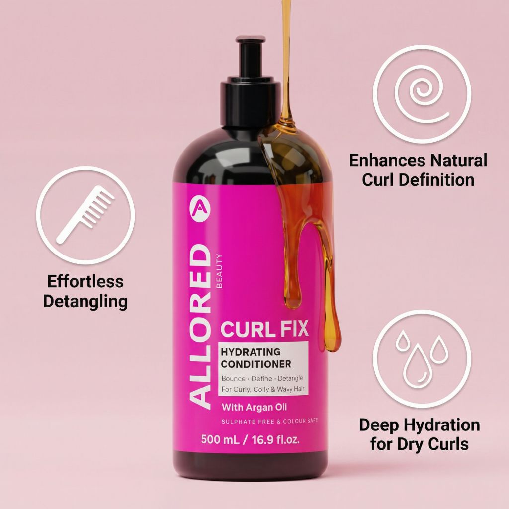 Allored Beauty Curl Fix Hydrating Conditioner with argan oil in a pump bottle, designed to hydrate and define curly hair.
