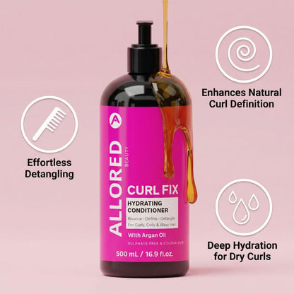 Allored Beauty Curl Fix Hydrating Conditioner with argan oil in a pump bottle, designed to hydrate and define curly hair.