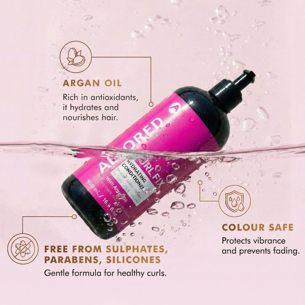 Allored Beauty Curl Fix Hydrating Conditioner with Argan Oil, creamy formula in a bottle, designed for curly hair hydration.