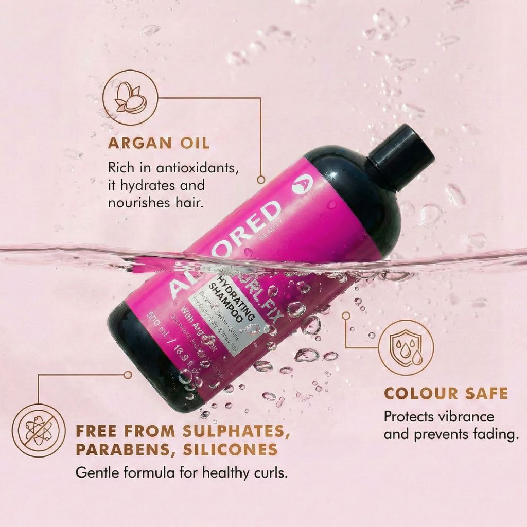 Allored Beauty Curl Fix Hydrating Shampoo with Argan Oil bottle, designed for curly hair hydration and shine.