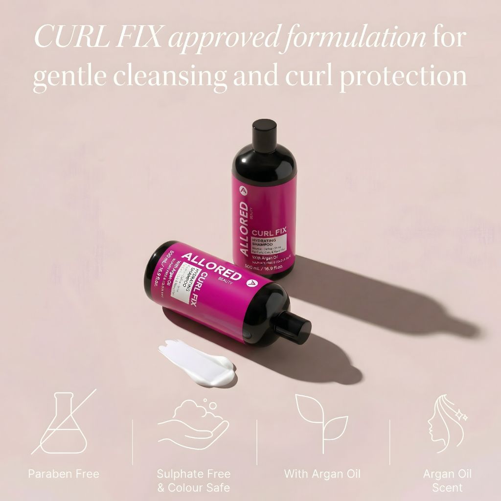 Allored Beauty Curl Fix Hydrating Shampoo with Argan Oil in a bottle, designed for moisturizing and nourishing curly hair.