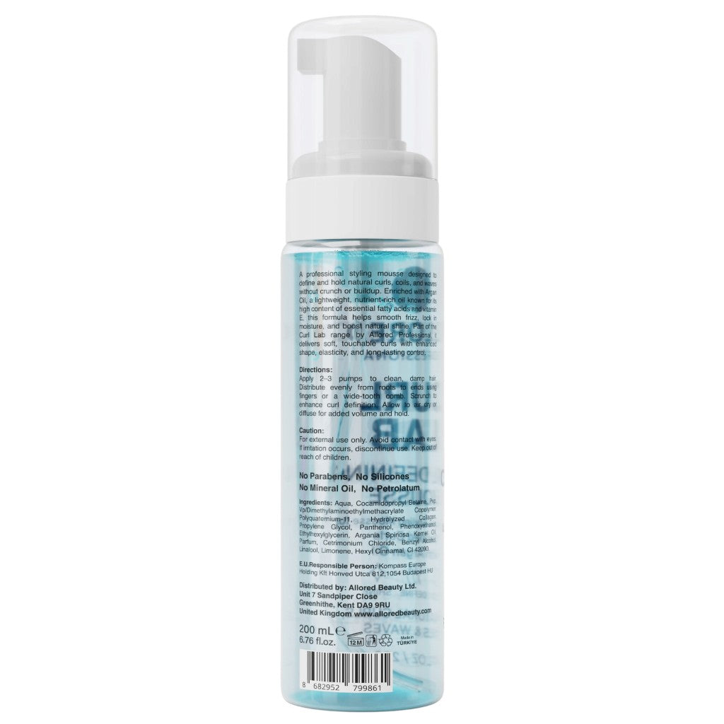 Allored Beauty Curl Lab Argan Oil Curl Defining Mousse in a pump bottle, designed for enhancing and defining curly hair.