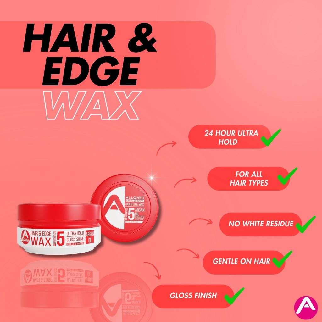 Allored Beauty hair and edge wax with argan oil, ultra hold styling product in a jar with a black lid and label.