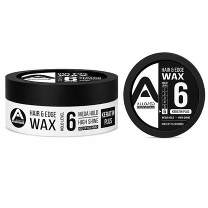 Allored Beauty hair and edge wax with keratin for strong hold, featuring a sleek container and product label.